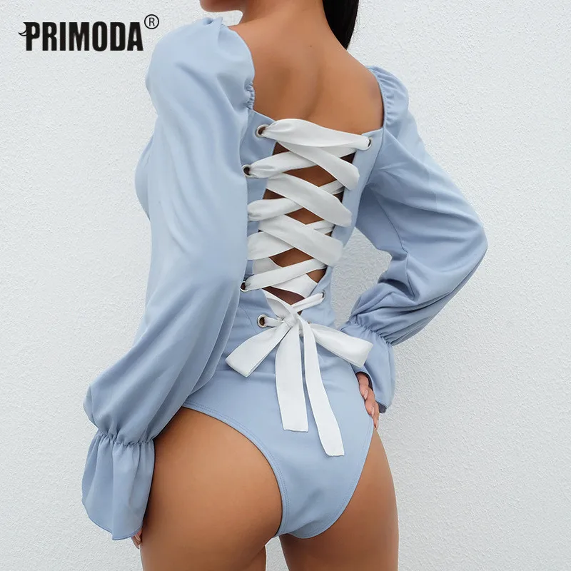 

Lolita Bodysuit Women Kawaii Square Collar Sexy Romper Skinny Lace Up Bandage Bodysuit Backless Long Flare Sleeve Party Overalls