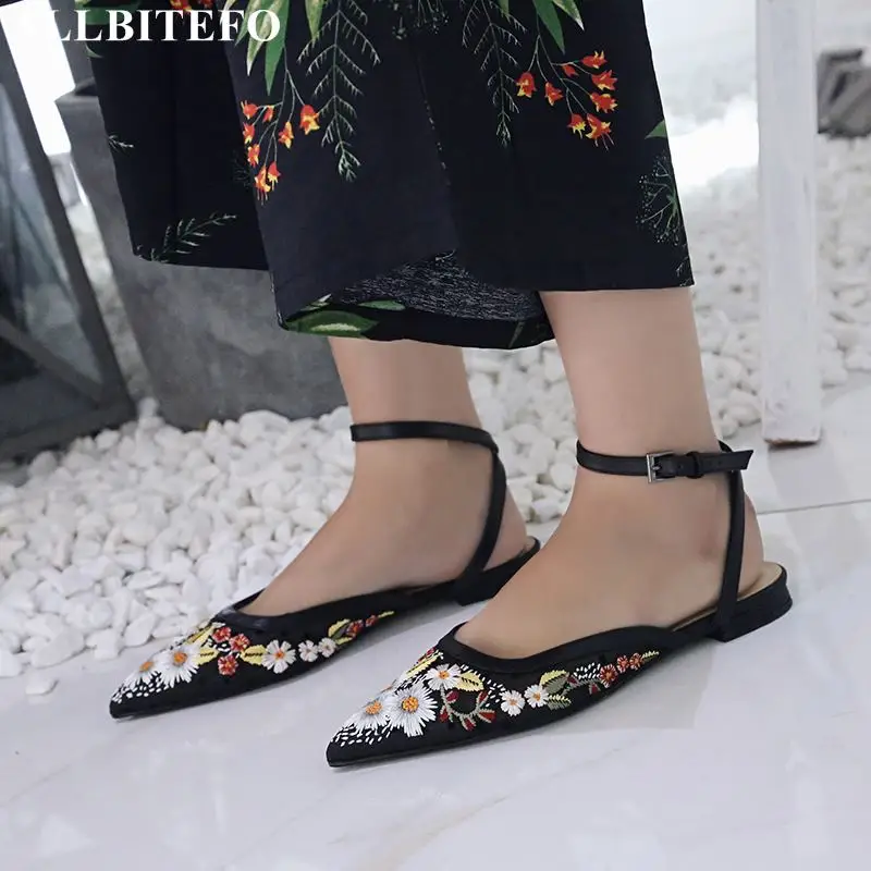 

ALLBITEFO retro Embroidery pointed toe low-heeled women sandals high quality comfortable party women shoes spring women heels