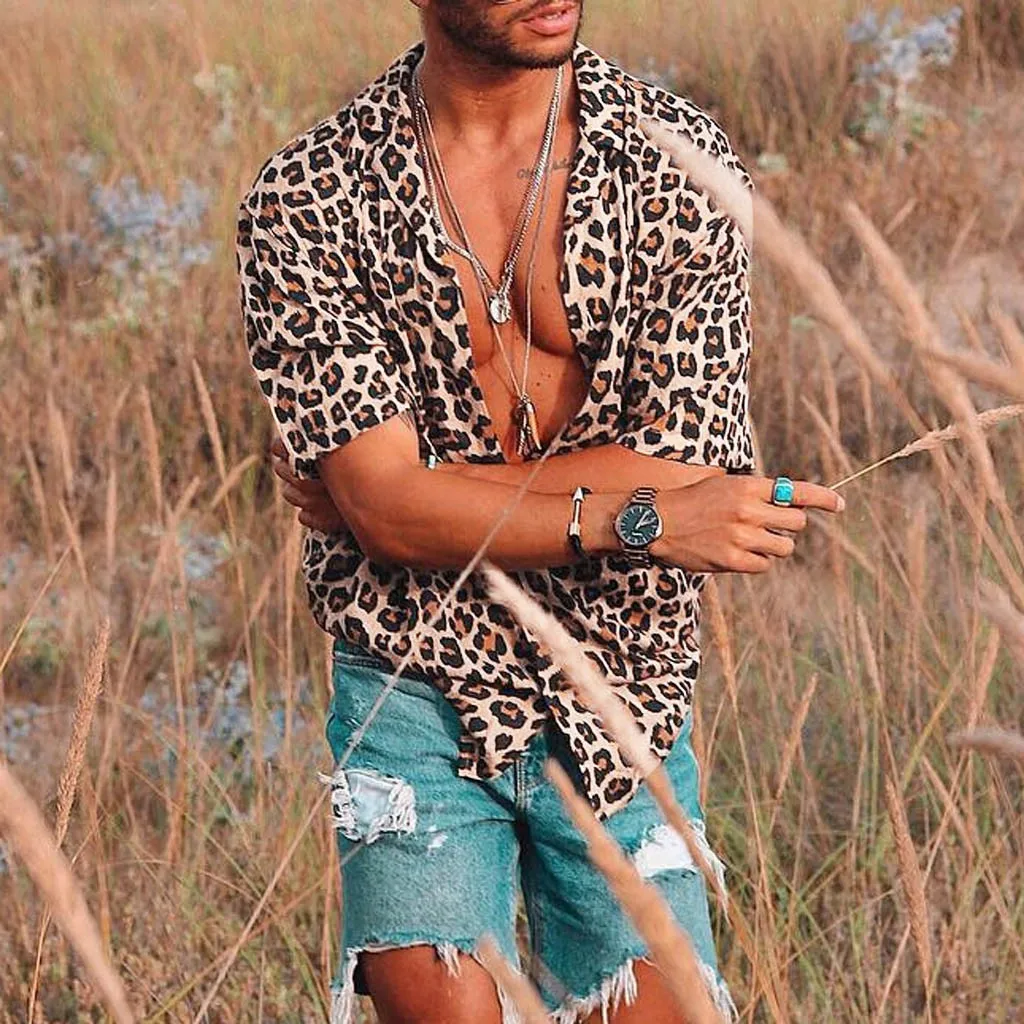 Летние мужские мешковатые пляжные леопардовые принты с коротким рукавом на пуговицах Ретро Рубашки, Топы, блузки camisa masculina гавайская рубашка