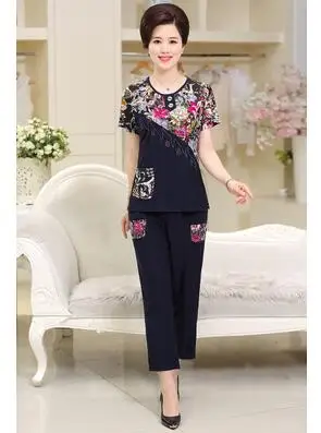 Female clothes NEW 2 piece set women fashion Summer clothes for womens printing pant and top plus size two piece sets K3799 - Цвет: navy  2