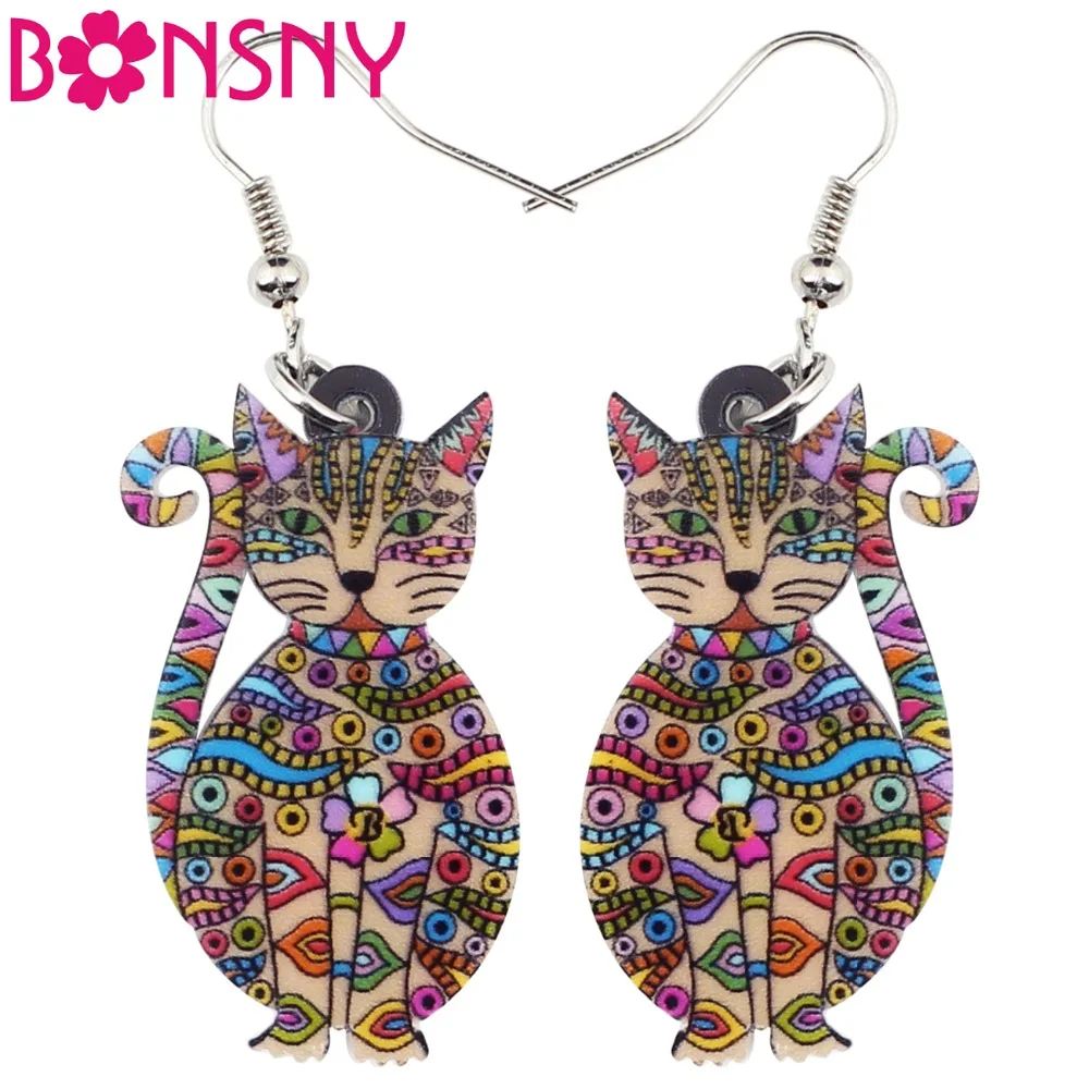 

Bonsny Statement Acrylic Floral Cat Kitten Earrings Big Long Drop Dangle Fashion Animal Jewelry For Girls Women Lady Accessories