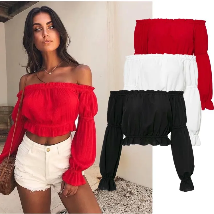 

2019 Summer Women Slash Neck Blouses Lantern Sleeve Ruffle Crop Tops Solid High Street Style Shirts