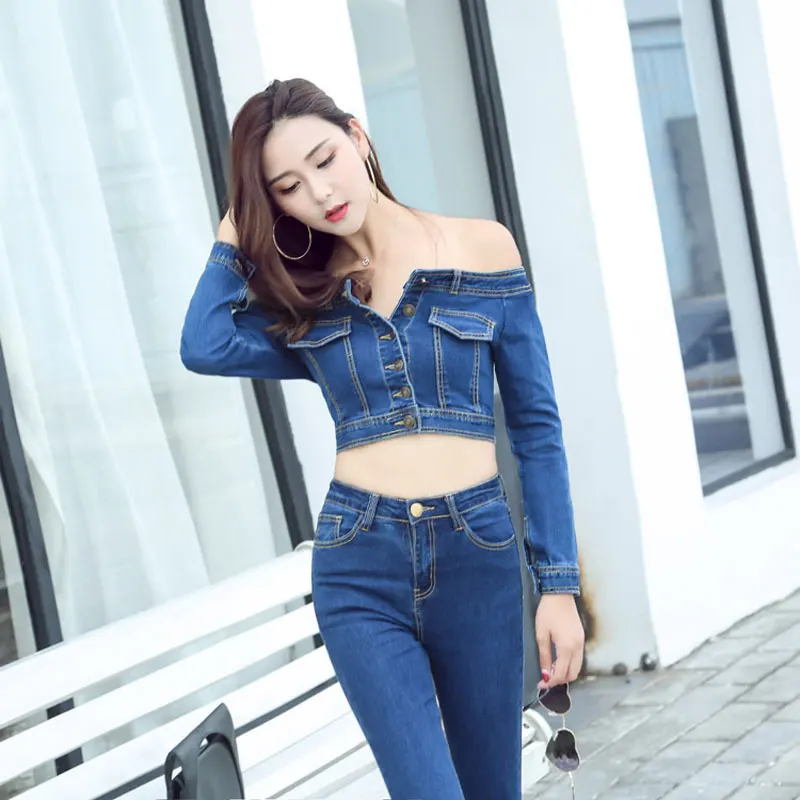 Sexy Slash Neck Denim Short Top T-shirt Casual