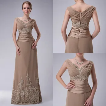 

A Line Camel Mother Of The Bride Dresses Long V Neck Straps Beaded Appliques Chiffon Bride's Mother Evening Gowns