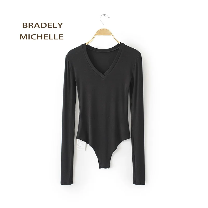 fishnet bodysuit BRADELY MICHELLE 2019 Autumn Sexy Women Slim Long Sleeve V-neck Tops Cotton knitted Bodysuits With Hidden Button Jumpsuis shapewear bodysuit