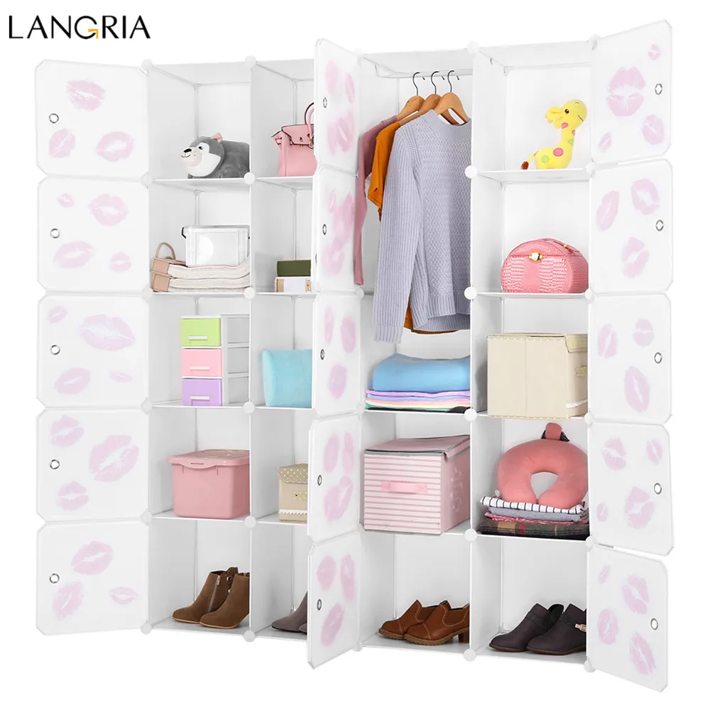 

LANGRIA 20-Cube DIY Shelving Storage Organizer Interlocking Modular Closet with Doors, Simple Hanging Rod, Clothing Fashion Icon