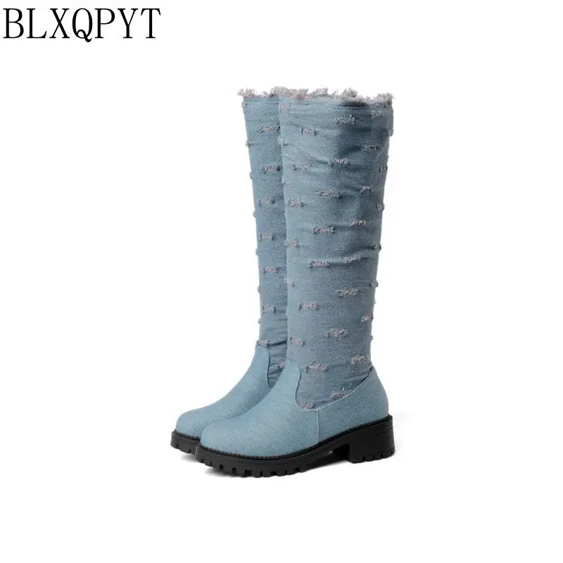 

BLXQPYT Super Big Size 34-52 Stretch fabric Denim knee High boots Round Toe Women Autumn winter Med Heels Shoes Woman Y76