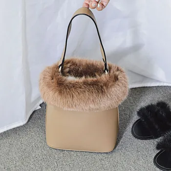 

Fur Handbags Winter Top Hand Pu Leather Shoulder Bag High Quality Bolsos Mujer Bucket Bags Cute Japan Small Tota