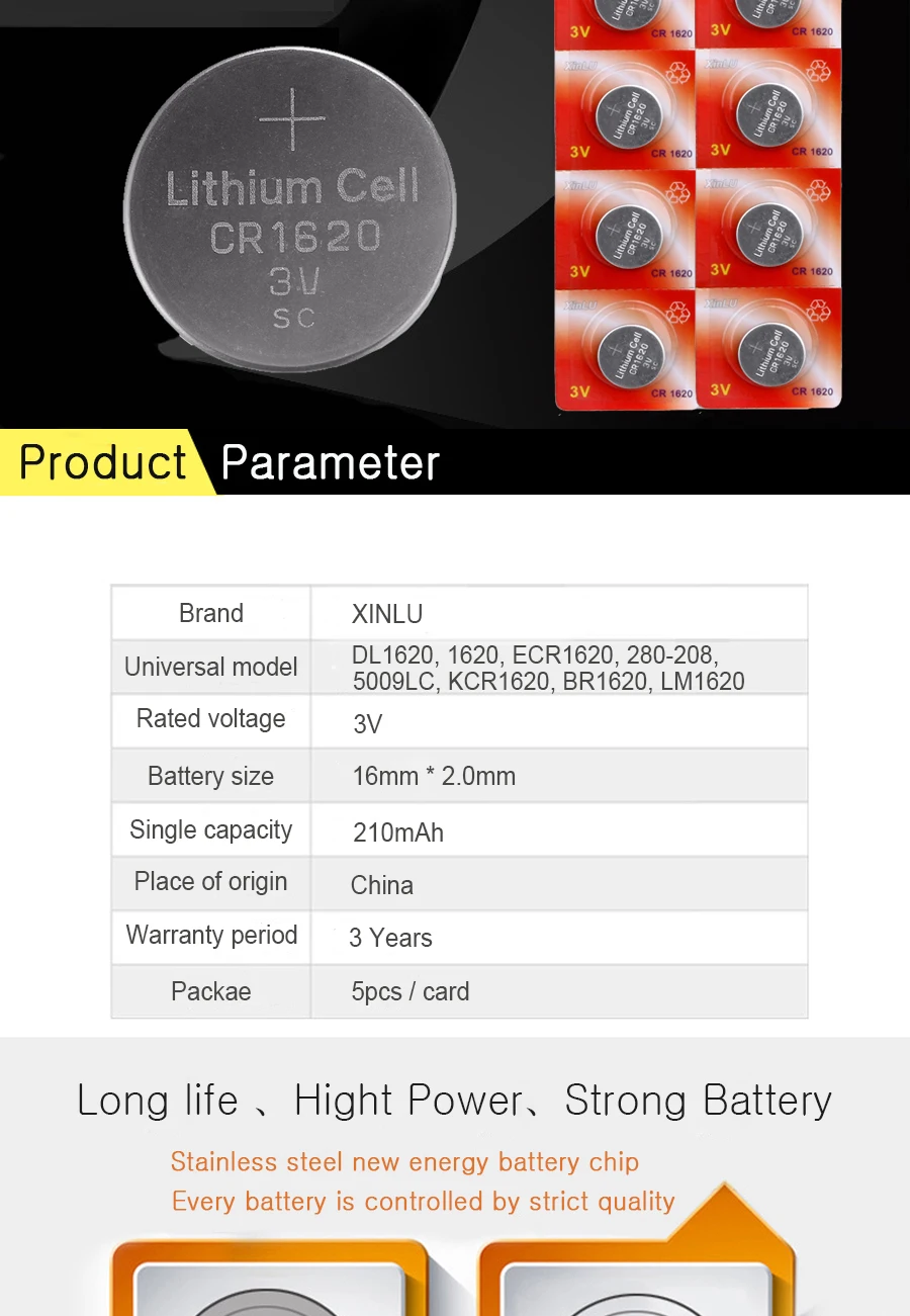 5 шт./лот CR1620 1620 ECR1620 Кнопочная батарея для часов, зажигалка, 5 шт. CR1620 аккумулятор бренда xinlu