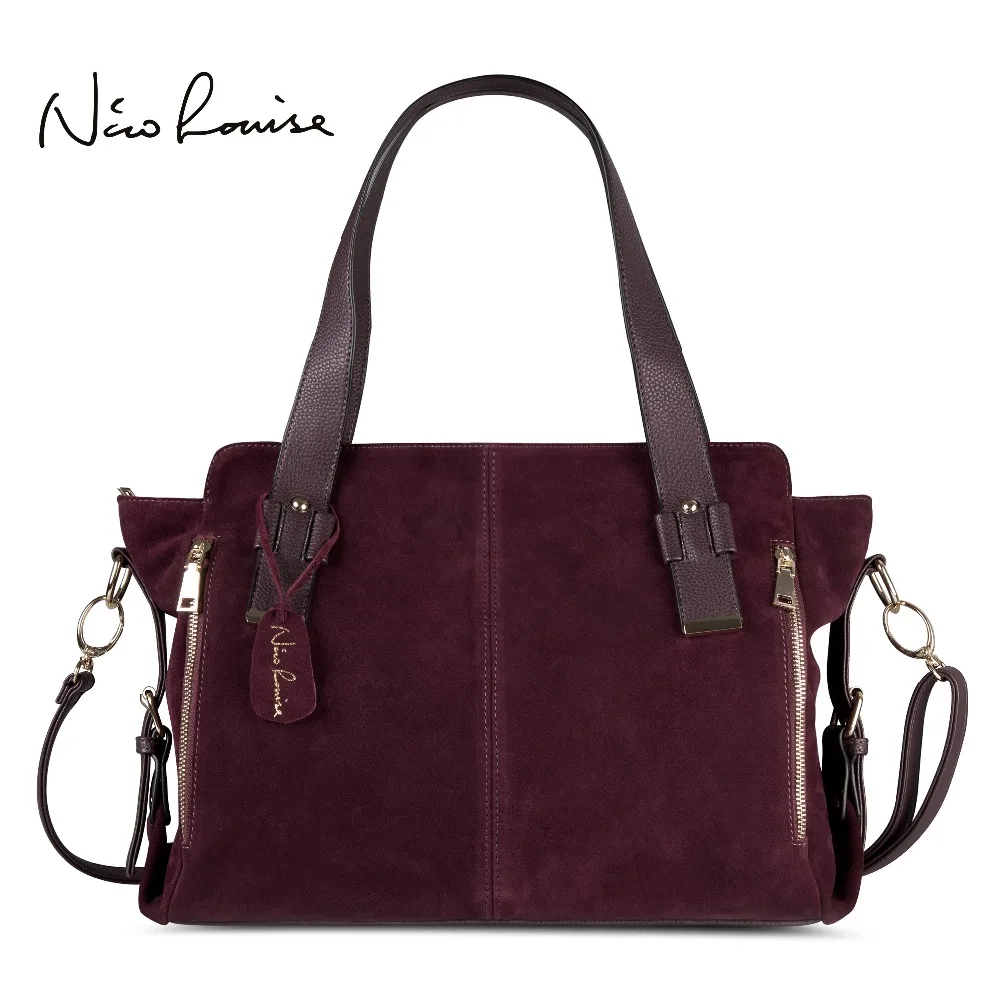 

Nico Louise Women Real Split Suede Leather Boston Bag Original Design Lady Shoulder Large Travel Doctor Handbag Top-handle Bags