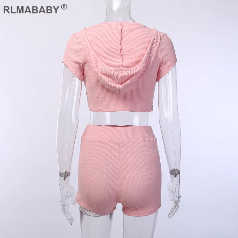 RLMABABY, Сексуальная футболка в рубчик с капюшоном и шорты, Женский комплект, короткий рукав, Женский комплект 2 шт., высокая талия, бандаж, комплект из двух предметов