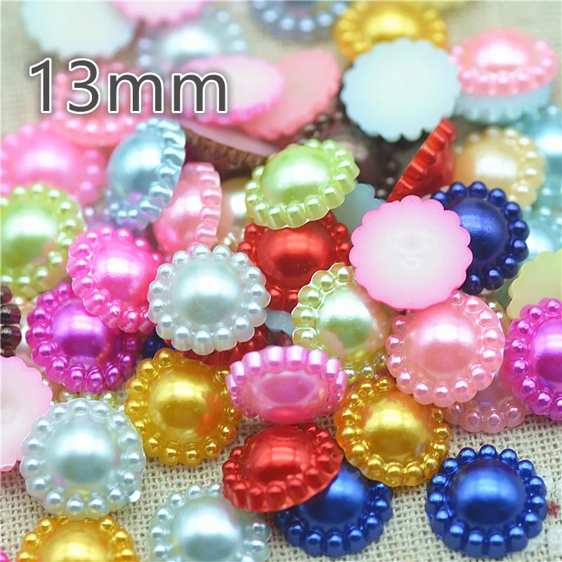 

100pcs/lot 13mm mix color round flower pearl Beads ABS Resin Flatback Simulated pearl Beads