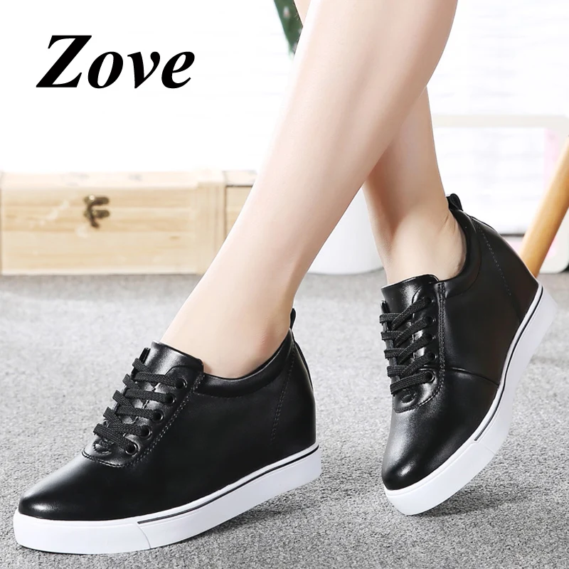 

ZOVE Women Platform Flats Shoes 2019 Autumn Casual Genuine Leather High Increase Flats Thick Sole Ladies Walking Sneakers Shoes