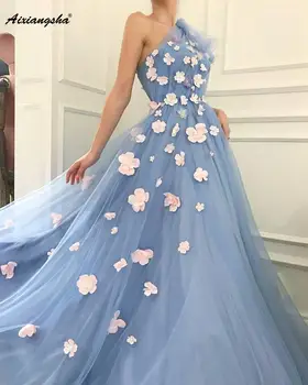 

Youthful Blue Evening Dress A-Line One Shoulder 3D Flower Long Evening Dresses Floor Length Special Occasion Formal Gowns