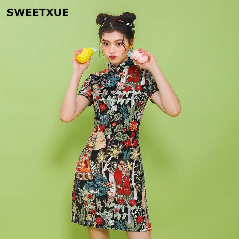 

SWEETXUE Improved Girl Cheongsam Dress Comfortable Beach Holiday Print 2019 Summer Female Temperament Elegant Mini Party Dresses