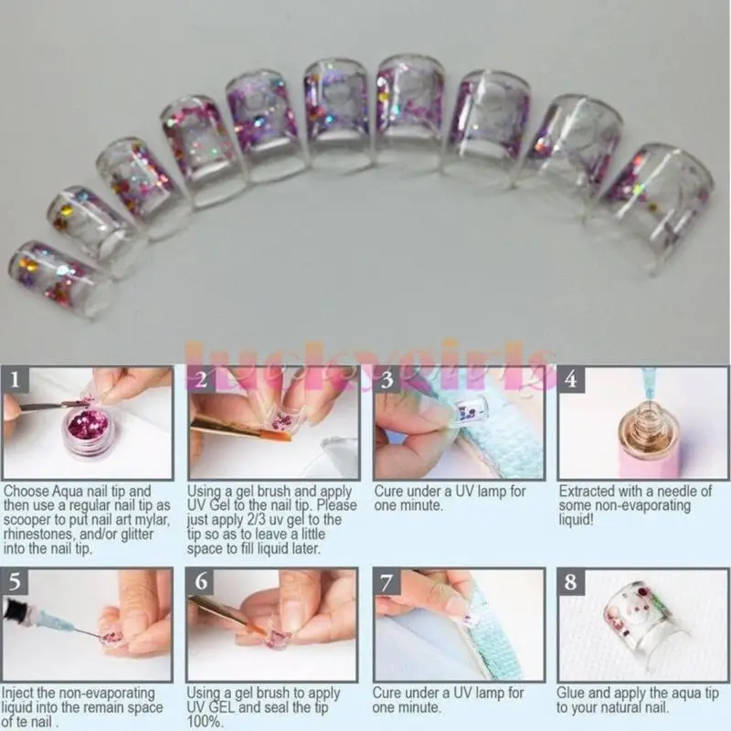 Аквариумные ногти Аква для дизайна ногтей, прозрачные аквариумные накладные водные жидкие кончики для ногтей с шприцем, инжектор, Прямая поставка