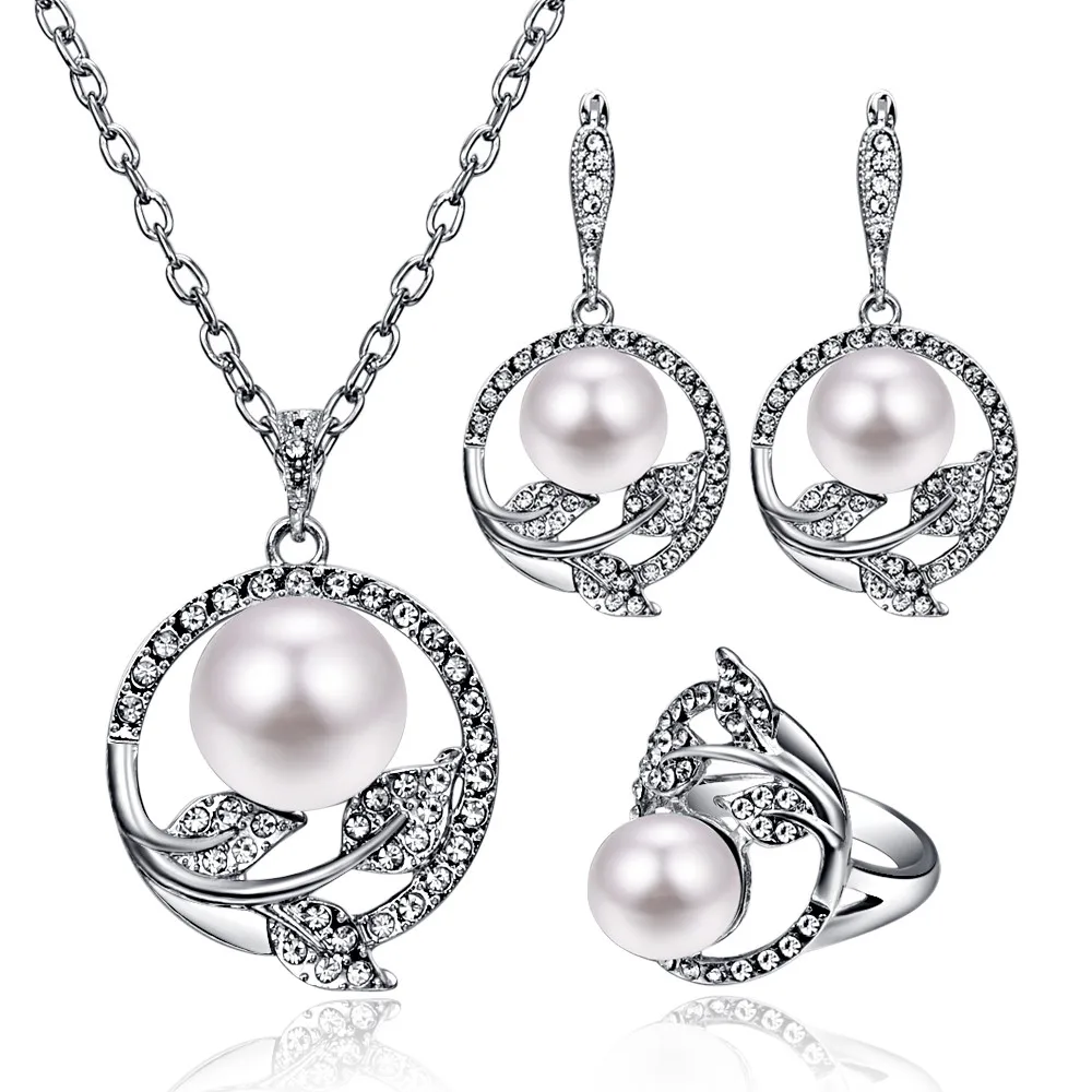

3Pcs/Set Fashion Crystal Leaf Jewelry Sets For Women Silver Color Big Pearl Pendant Necklace Earrings Ring Set