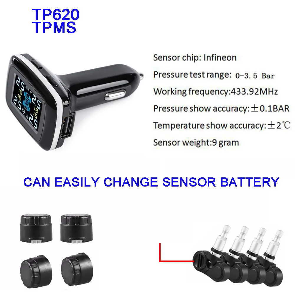 TP620 Профессиональный 12 в беспроводной смарт TPMS система контроля давления в шинах в реальном времени цифровое автомобильное зарядное устройство сигнализация давления в шинах