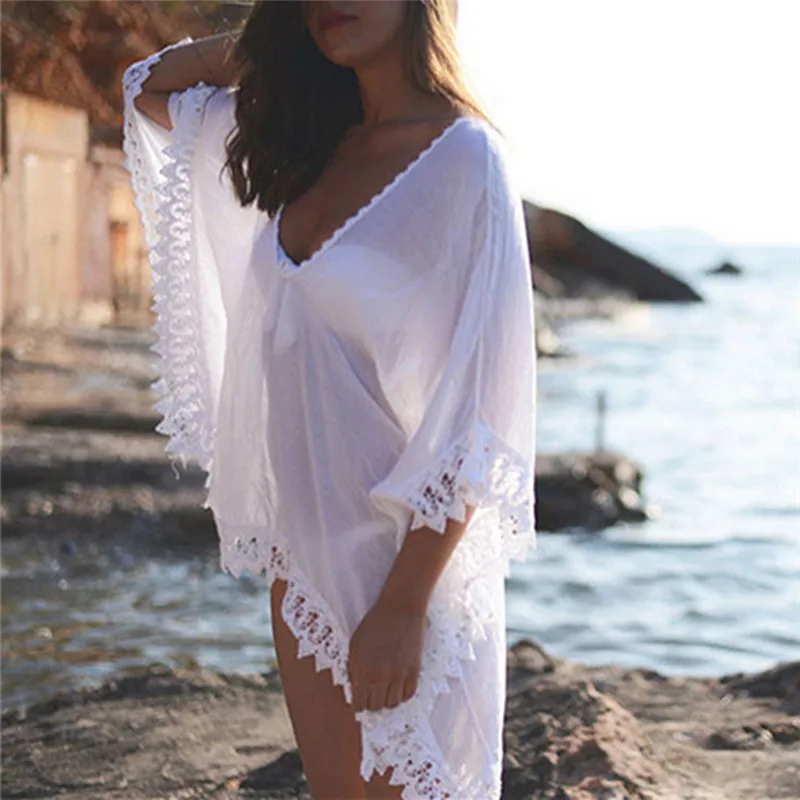 Женская пляжная одежда купальники бикини шифон Белый пляжная одежда Cover Up кафтан дамы летнее платье