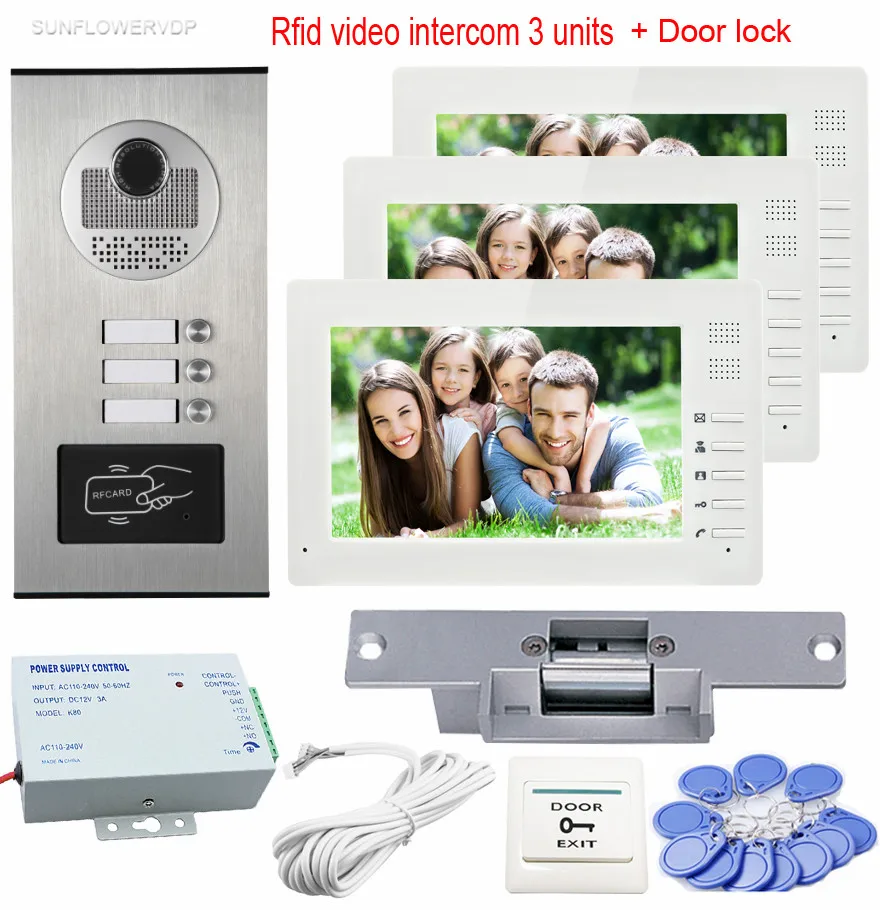 

3 Apartment Intercom Rfid Video intercom With Lock Home Video Door Phone 7 inches Doorphone Key Wired Phone For Home Interphones