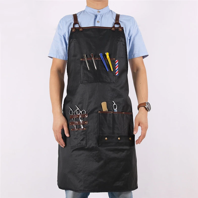 WEEYI Men Women Black Barber Aprons Waterproof Hairdressing Salon Apron With Leather Straps Drop Shipping Apron For Hairdresser