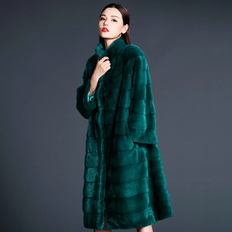 LTGFUR Winter Women’s Print Red Flower Mink Coat Contrast Color Real Fur Coat Turn-Down Collar X-Long Loss Mink Coats