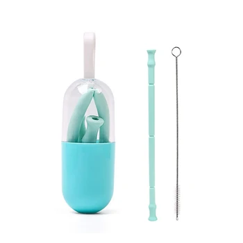 

Silicone Drinking Straws With Cleaning Brush Portable Travel Reusable Straw Foldable Silicone Drinking Straw for Kid Children