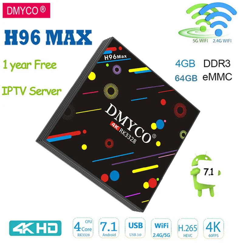 

Android 7.1 DMYCO H96 MAX H2 TV BOX RK3328 Octa Core 4G/64G HD 1080P European 1000+ iptv server Italy iptv French android tv box