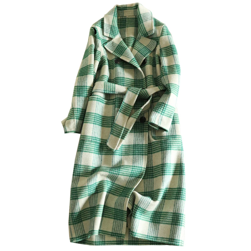 

100% Wool Coat For Women 2018 New Winter Cashmere Coats Women's Fashion Plaid Woolen Green Woolen Overcoat Yellow Office Lady