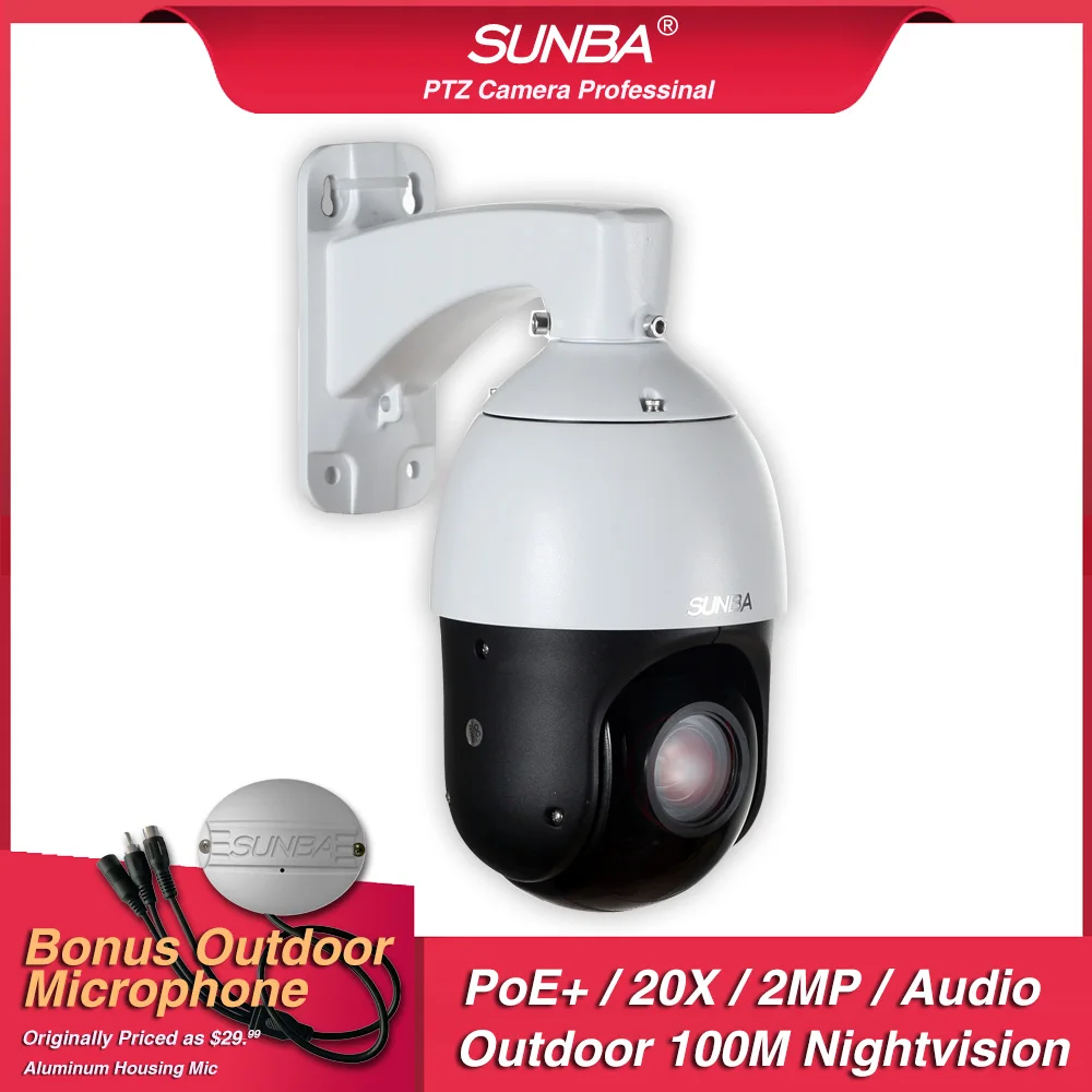 

SUNBA Mini IP Camera Outdoor PTZ, PoE+Security Dome, 20X Optical Zoom, ONVIF Compliant, Auto-Focus, Night Vision (405-D20XE)