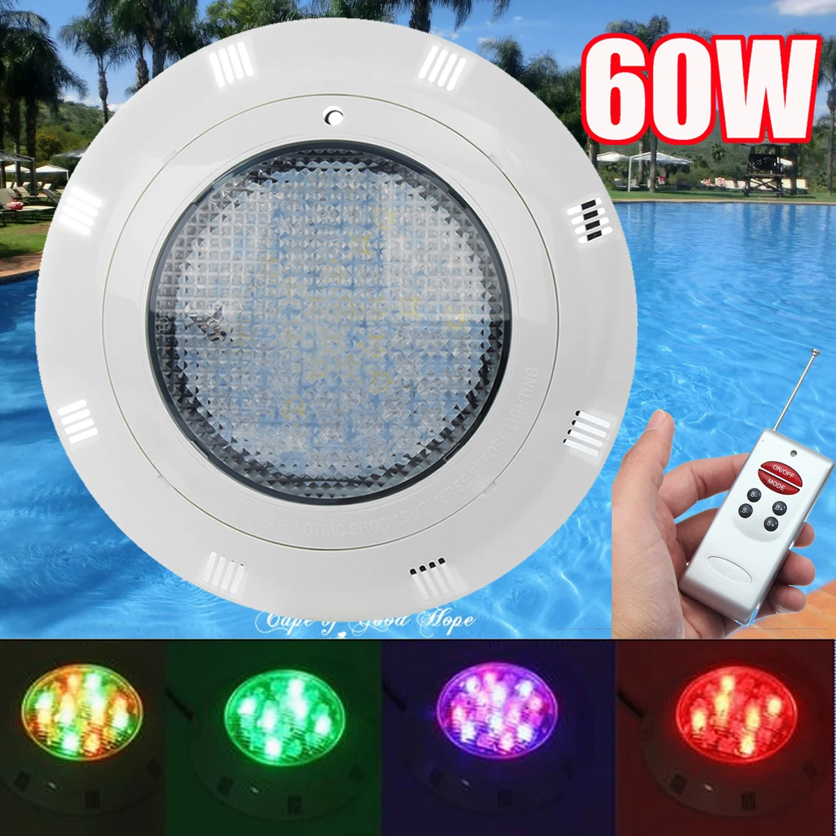 

12V 60W IP68 7 Color RGB Swimming Pool Underrwater LED Light 60pcs LED Lighting with Remote Control