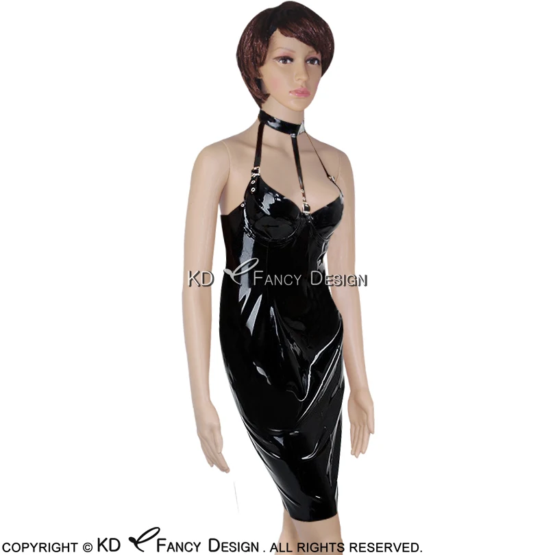

Black Halter Sexy Latex Dress With Belts On Top Zipper At Back Rubber Dress Bodycon Playsuit LYQ-0035