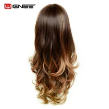 Wignee Synthetic Wig With Bangs For Black White Women Long 24" Heat Resistant 3 Tone Ombre Color Glueless Brown Natural Hair Wig