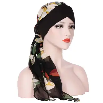 

Fashion Muslim Women Turban Hat Floral Printed Long Tail Hijab Cap Headwrap