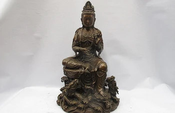 

15 Tibet Buddhism 100% Bronze Copper Two Dragon Kwan-yin Boddhisattva Statue