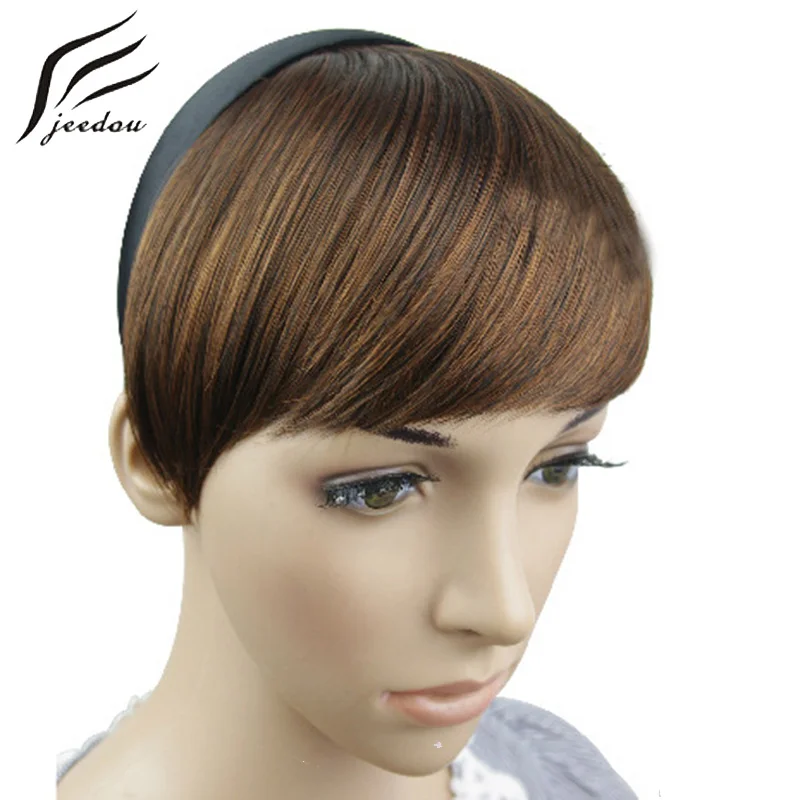 

jeedou Headband Bangs Hair Extensions 50g Synthetic Black Brown Gradient Bangs Natural Realistic Effects Most Remarkable Looks