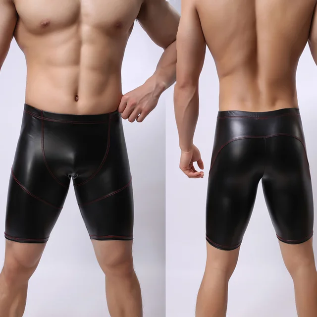 Sexy Men Plus Size Wild PVC Faux Leather Panties Shorts Boxer Wetlook Clubwear Jockstrap Fetish Gay Wear Erotic lingerie FX21 -