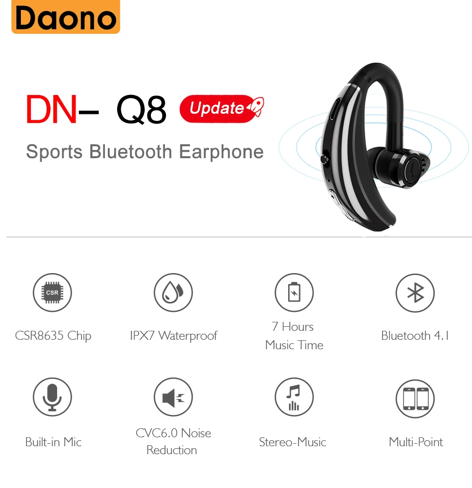 DAONO Q8, Bluetooth наушники, гарнитура с микрофоном, голосовое управление, беспроводные наушники, Bluetooth гарнитура для вождения, шумоподавление