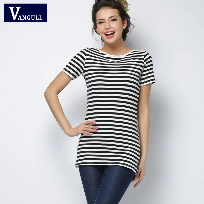 Free shipping Striped Print Women T-shirt 2021 Summer New Fashion Short Sleeve Female Tops Slash Neck Long Slim Ladies Tees | Женская