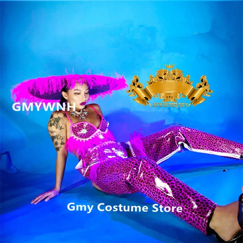 

K23 Singer stage wears bodysuit female jumpsuit sexy dj headwears pink Leopard clothe outfit prom dance costumes party dress bar