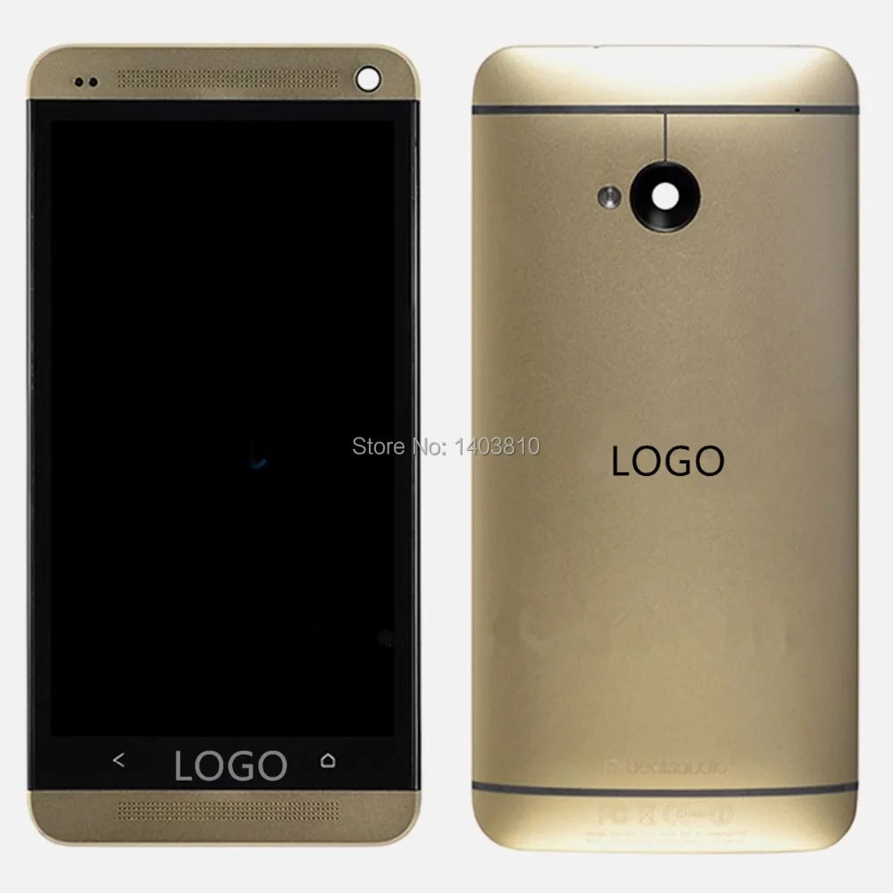 

Best Gold For HTC One M7 LCD Display Touch Digitizer Screen + Full Frame + Back Battery Cover Door Case with Original Logo