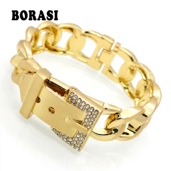 

Punk Women Jewelry Smooth Simply Girl Bracelet Gold Color 18mm Wide Bracelets & Crystal Paved Clasps Belt Buckle