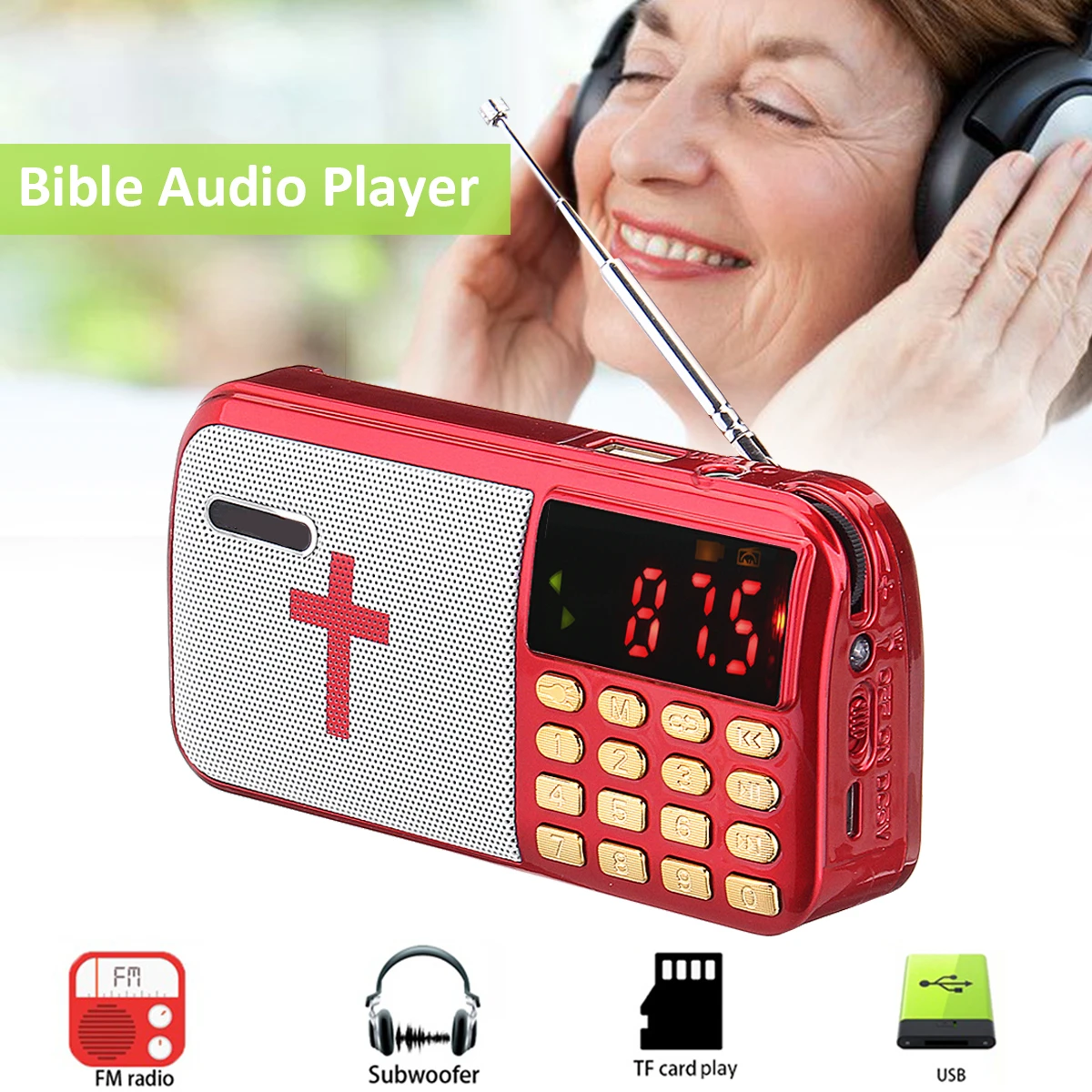 Portable Bible Audio FM Radio Player Speaker Outdoor Music MP3 Player TF Card USB LED Display