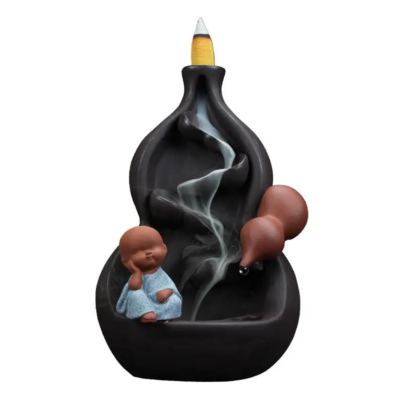 

Traditional Gourd Crack Ceramic Buddha Backflow Incense Burner +10pcs Cones Little Monk Waterfall Incense Holder Home Decor