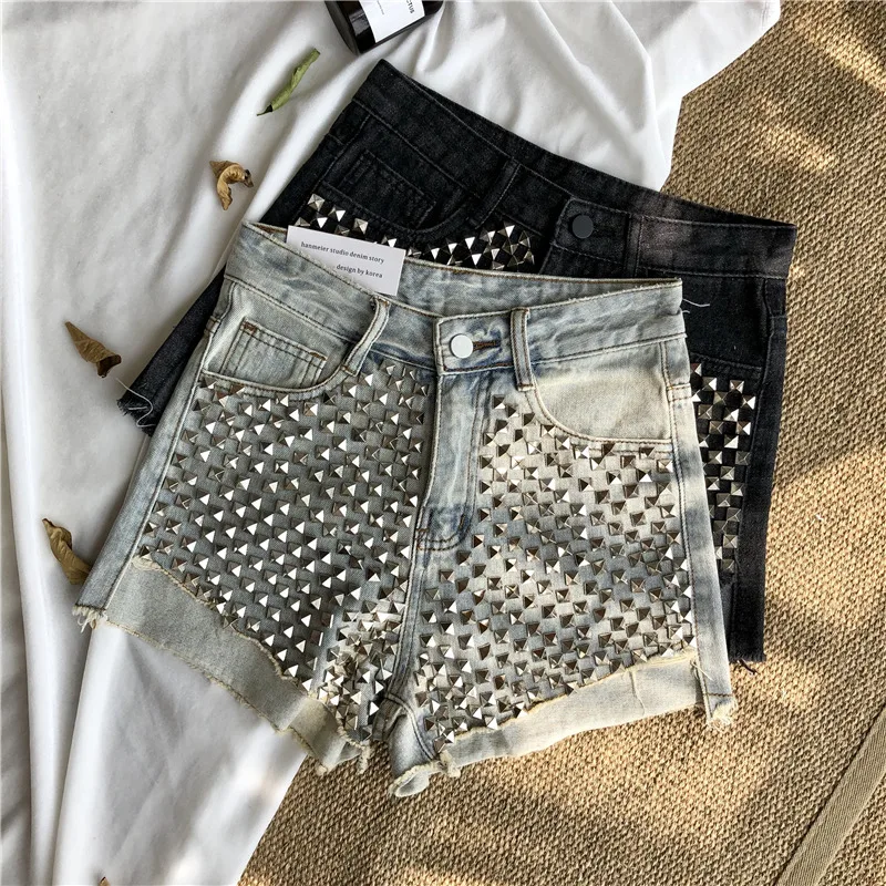 

Personality Retro Denim Shorts for Summer New Rivet Tassel Women Denim Shorts All-match Female Short Jeans
