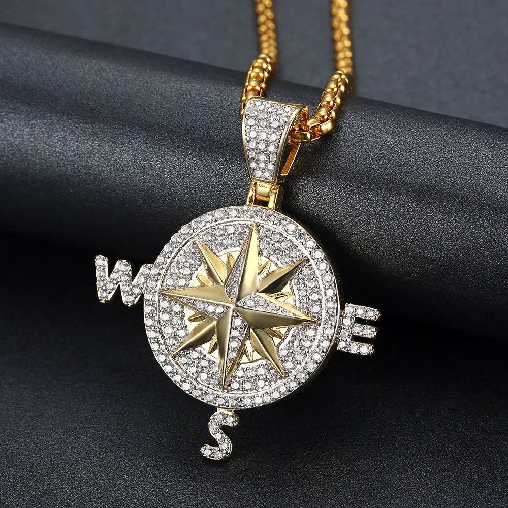 

Men's Hip-hop Wind Gold and Silver Compass Cross Hanging Ice Cuban Chain Zircon Micro-inlaid Trendy Brand Men's Necklace pendant
