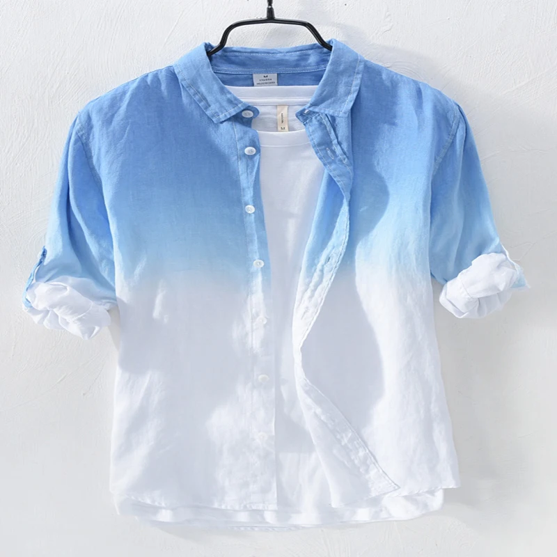 

2019 Summer New Casual Shirts Men Gradient Color 100% Pure Linen Male Shirts Mandarin Collar Long Sleeve Shirts For Men ZT025