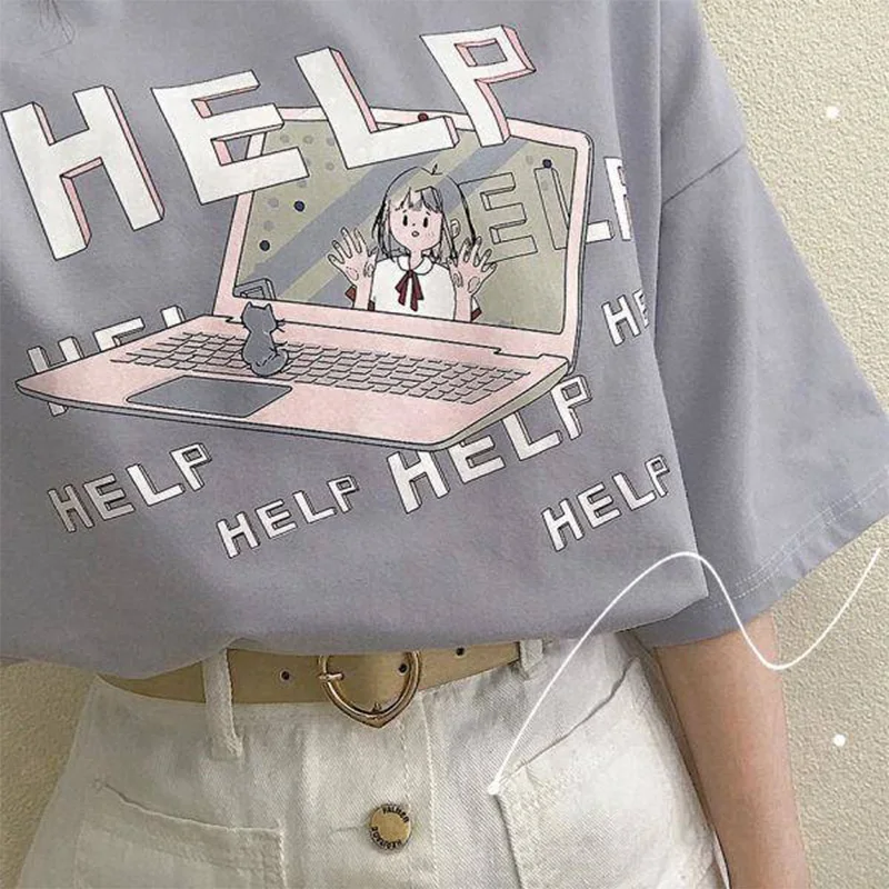 

Need More Help Sweet Girl Women T-Shirt Casual Polyester Cartoon Printed Cute Tee Shirts 2019 New Summer Lady Female Tops