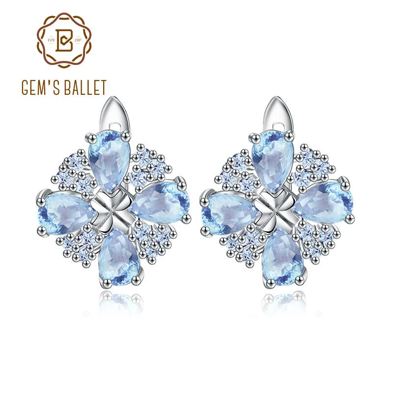 

GEM'S BALLET 4.71Ct Natural Sky Blue Topaz Flower Stud Earrings For Women 925 Sterling Silver Fine Jewelry Luxury Bijouterie