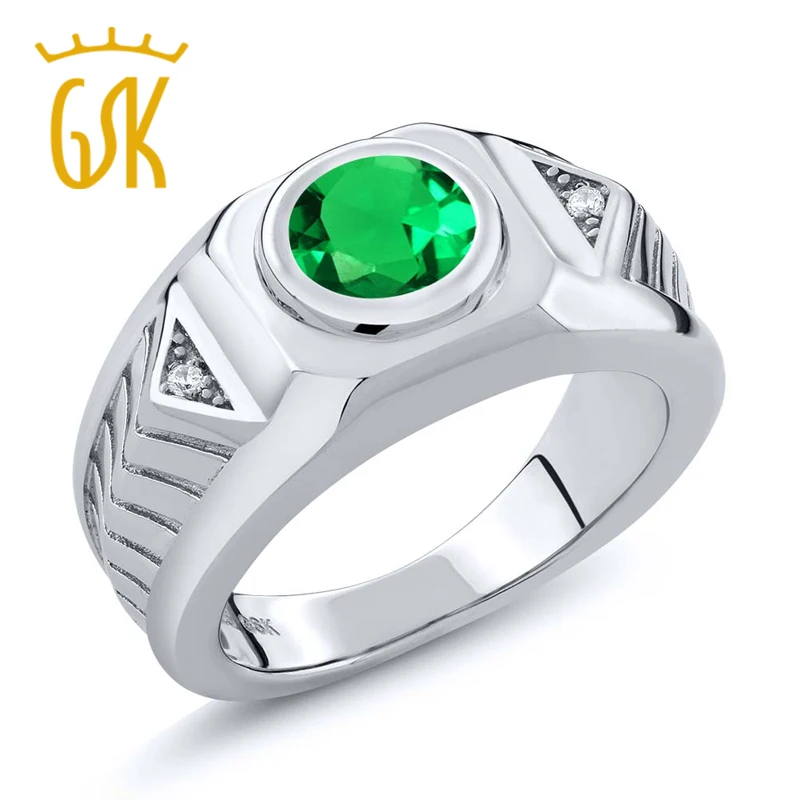 

1.68 Ct Round Green Simulated Emerald 925 Sterling Silver Men's Ring